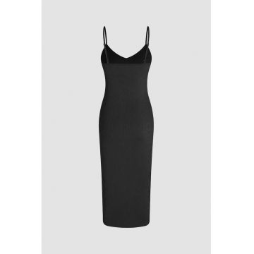 Rochie midi -  Decolteu in V - Bretele subtiri - Poliester/Eladwqfstan - Negru