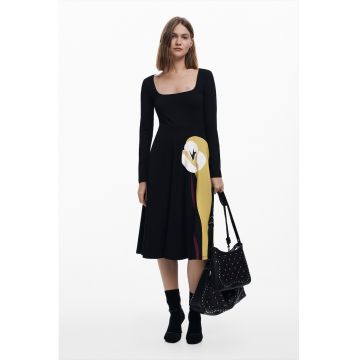 Rochie midi din amestec de bumbac cu decolteu patrat - Negru/Maro nisip