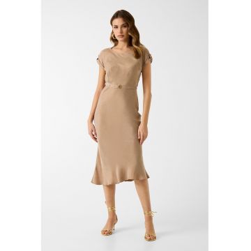 Rochie midi din amestec de lyocell cu croiala pe bie - Maro camel