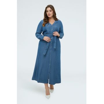 Rochie midi din lyocell si strasuri - Albastru prafuit