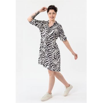 Rochie midi din viscoza cu model animal - cu guler - maneci scurti - nasturi - regular fit -  G-Livium - Maro