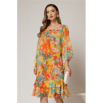 Rochie midi eleganta din voalcu imprimeuri oranj, croi lejer si volanase la baza