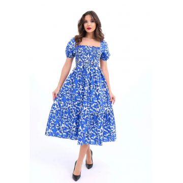Rochie midi  evazata - volane - albastru - bumbacdwqf - Albastru cobalt