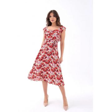 Rochie Midi Florala cu Volane  Bumbac Poliester