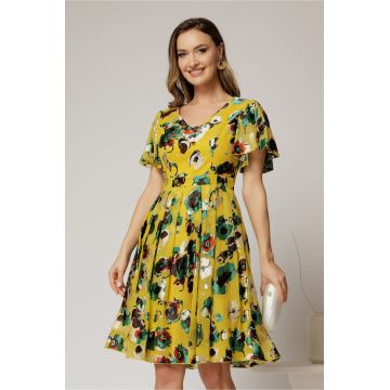 Rochie midi galbena cu imprimeu din voal cu decolteu in V si pliuri pe fusta