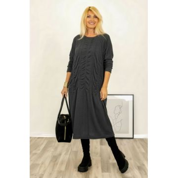 Rochie midi gri cu fronseuri si croi lejer fluid din tricotaj  fin