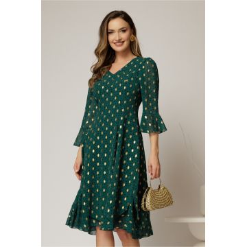 Rochie midi verde cu buline aurii din voal cu croi lejer si decolteu in V