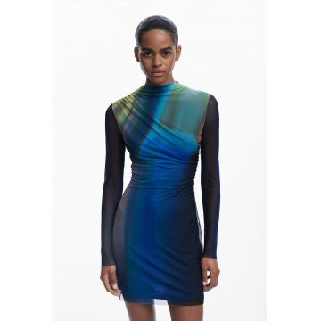 Rochie mini cambrata cu model tie-dye - Albastru royal/Verde sparanghel