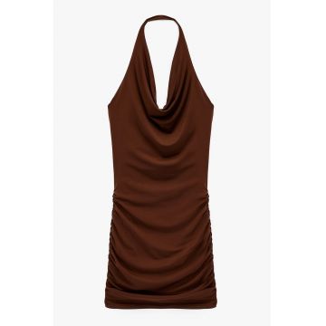 Rochie mini cu decolteu drapat - fara maneci - Maro