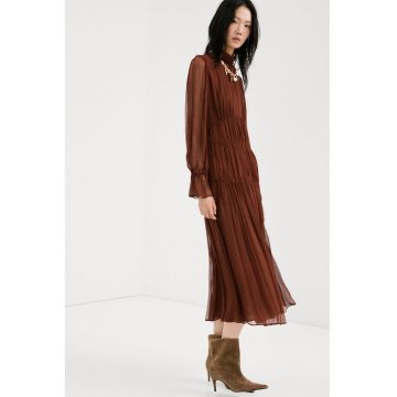 Rochie plisata din sifon - Maro cognac