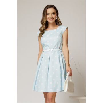 Rochie scurta bleu in clos cu buline si curtea in talie