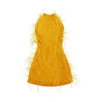 Rochie scurta cu pene ALMEEA - Galben sofran