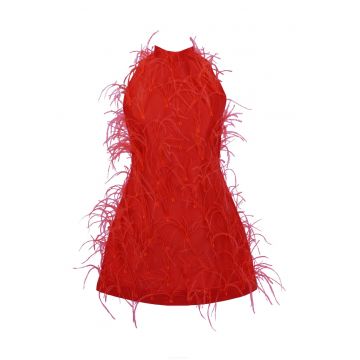 Rochie scurta cu pene ALMEEA - Rosu