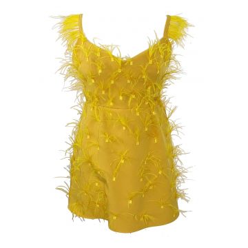 Rochie scurta cu pene OLYMPIA - Galben sofran