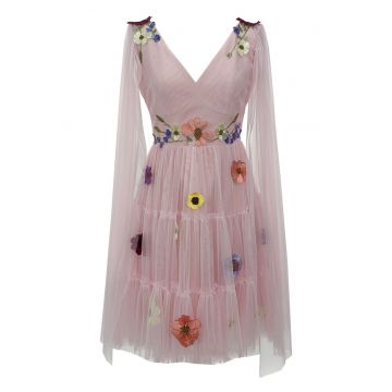 Rochie scurtă din tul cu flori MALINA - Roz deschis