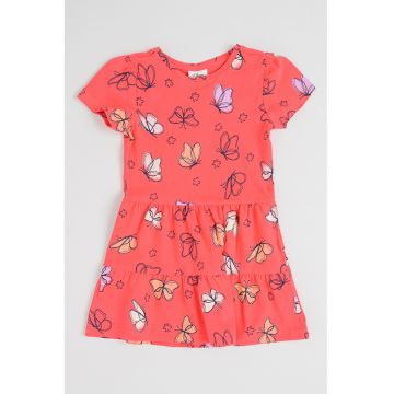 Rochie stratificata cu maneci scurte si model - Portocaliu/Roz