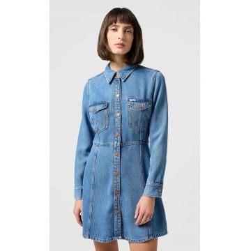 Rochie tip camasa  denim/lyocell - croiala mulata-evazata - albastru deschis -