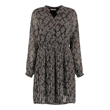 Rochie vaporoasa cu guler tunica si decupaj in V - Maro cognac/Negru/Alb murdar