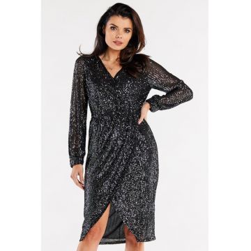 Rochie asimetrica cu paiete - decolteu petrecut si maneci lungi - - Negru