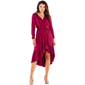 Rochie asimetrica midi din viscoza cu maneci lungi - - Visiniu
