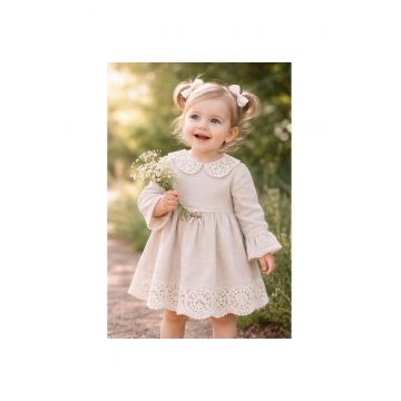 Rochie bebe fetita bej din in cu dantela si guler elegant