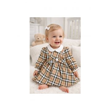 Rochie bebe fetita eleganta in carouri cu funda mare si guler alb