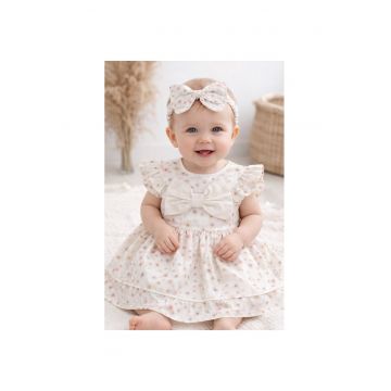 Rochie bebe fetite crem cu flori si bentita - rochita eleganta fetite