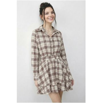 Rochie Camasa dama  cu imprimeu in carouri - bej natural/maro - bumbac