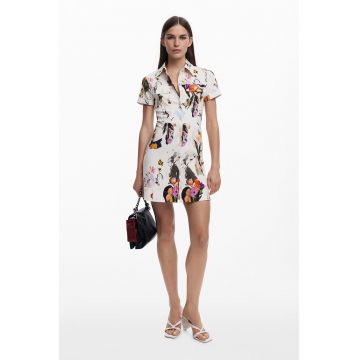 Rochie-camasa mini cu model floral - Alb/Negru stins