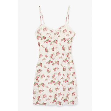 Rochie cambrata cu model floral si bretele subtiri - Verde/Roz/Crem