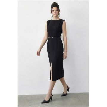 Rochie creion midi dama -  cu centura - decolteu barca - textil - negru