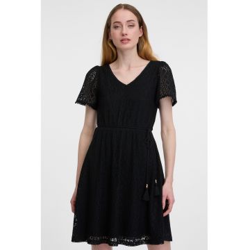 Rochie cu decolteu in V si model pointelle - Negru