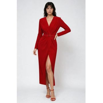 Rochie cu decolteu in V si slit lateral - Rosu
