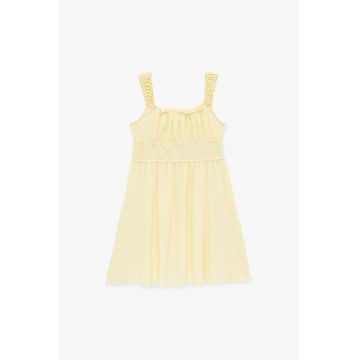 Rochie cu decolteu patrat si insertie elastica in talie - Galben pal