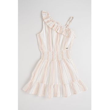 Rochie cu decolteu pe un umar si model in dungi - Auriu/Alb fildes/Roz