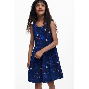 Rochie cu decolteu rotund si imprimeu floral - fara maneci - Bleumarin