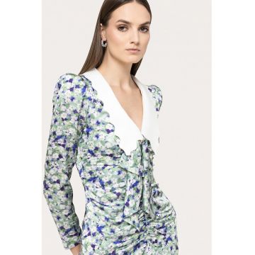Rochie cu fronseu si model floral - Alb/Albastru