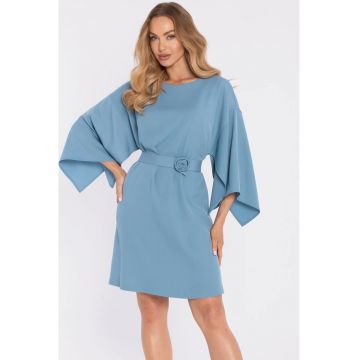 Rochie cu maneci largi si curea decorativa - albastru pudra - Albastru deschis