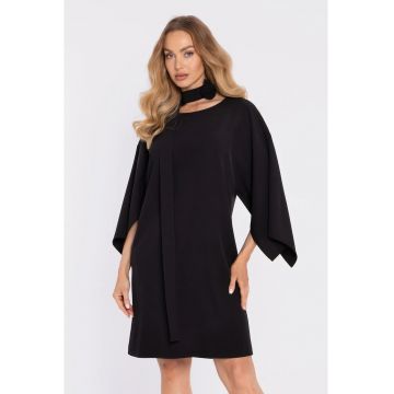 Rochie cu maneci largi si curea decorativa - albastru pudra - Negru