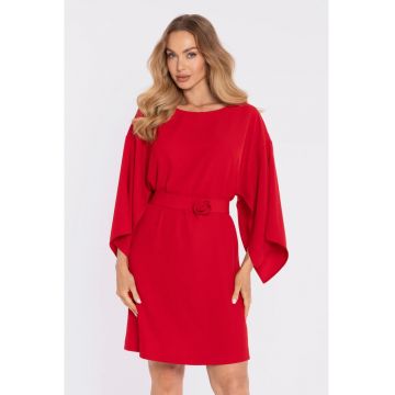 Rochie cu maneci largi si curea decorativa - albastru pudra - Rosu