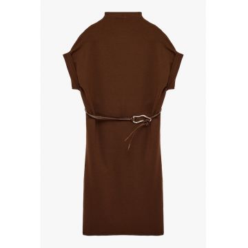 Rochie cu maneci scurte si curea in talie - Maro inchis