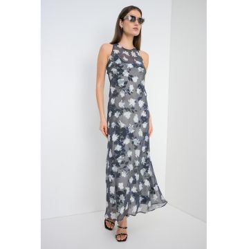 Rochie cu model floral si aspect 2in1 Epopea - Alb murdar/Gri antracit/Gri inchis