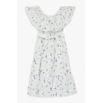 Rochie cu model floral si decolteu pe un umar - Alb murdar/Albastru deschis/Bleumarin