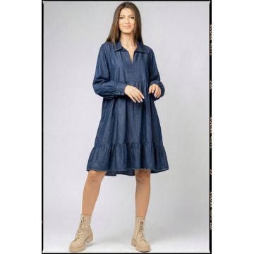 Rochie dama denim cu guler si croi lejer cu volane din bumbac