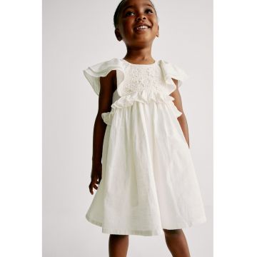 Rochie de bumbac cu volane si broderie - Alb