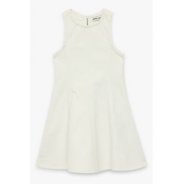 Rochie de denim cu pliuri si decolteu la baza gatului - Alb fildes