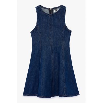 Rochie de denim cu pliuri si decolteu la baza gatului - Bleumarin