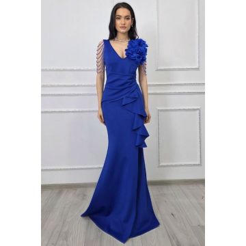 Rochie de gala ISALYN, cu siraguri de cristale in cascada si floare 3D, Albastru Royal