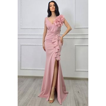Rochie de gala ISALYN, cu siraguri de cristale in cascada si floare 3D, Roz pudrat