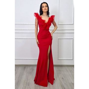Rochie de gala Zenaria, cu siraguri din cristale si volane, Rosu